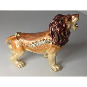 Vintage Kingspoint Jeweled Enamel Lion Trinket Box Hinged Swarovski Crystals